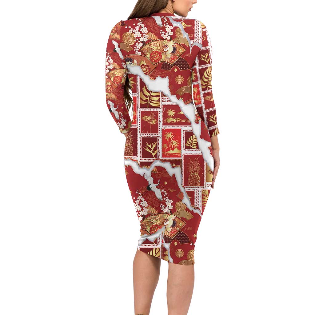 Hawaii Japanese Culture Red Long Sleeve Bodycon Dress Spring Cranes Aloha Pattern LT01 - Polynesian Pride