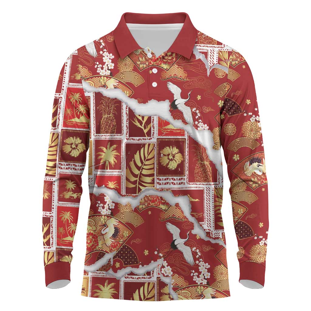 Hawaii Japanese Culture Red Long Sleeve Polo Shirt Spring Cranes Aloha Pattern