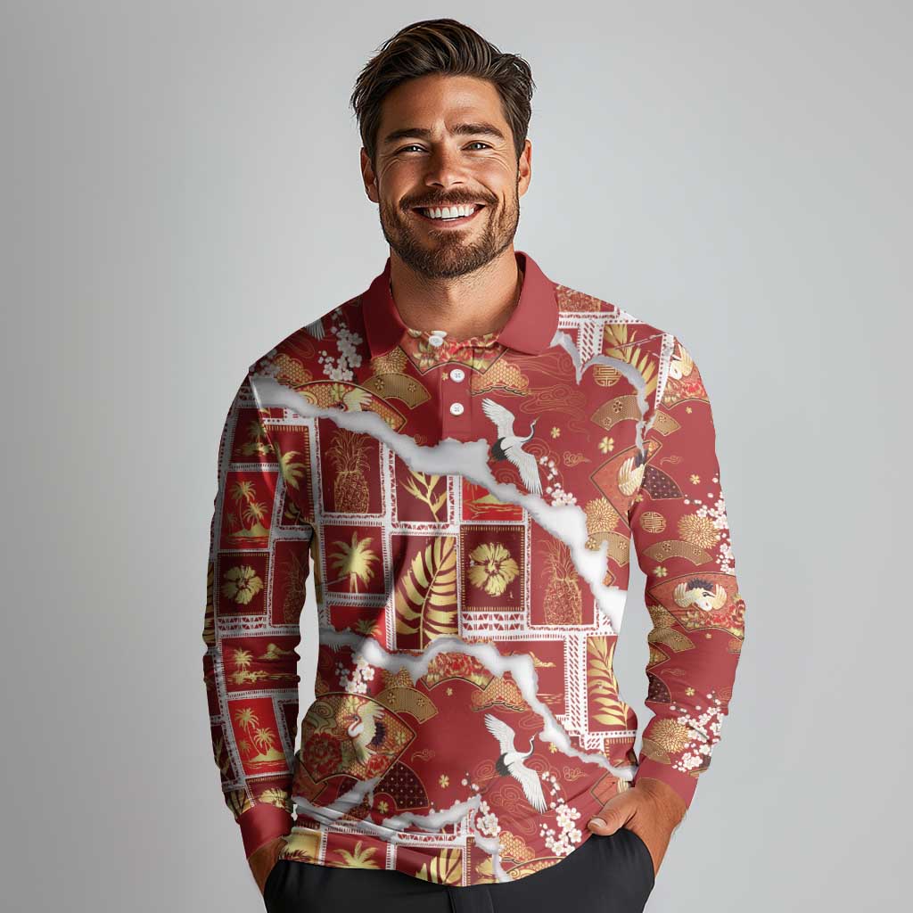 Hawaii Japanese Culture Red Long Sleeve Polo Shirt Spring Cranes Aloha Pattern LT01 - Polynesian Pride