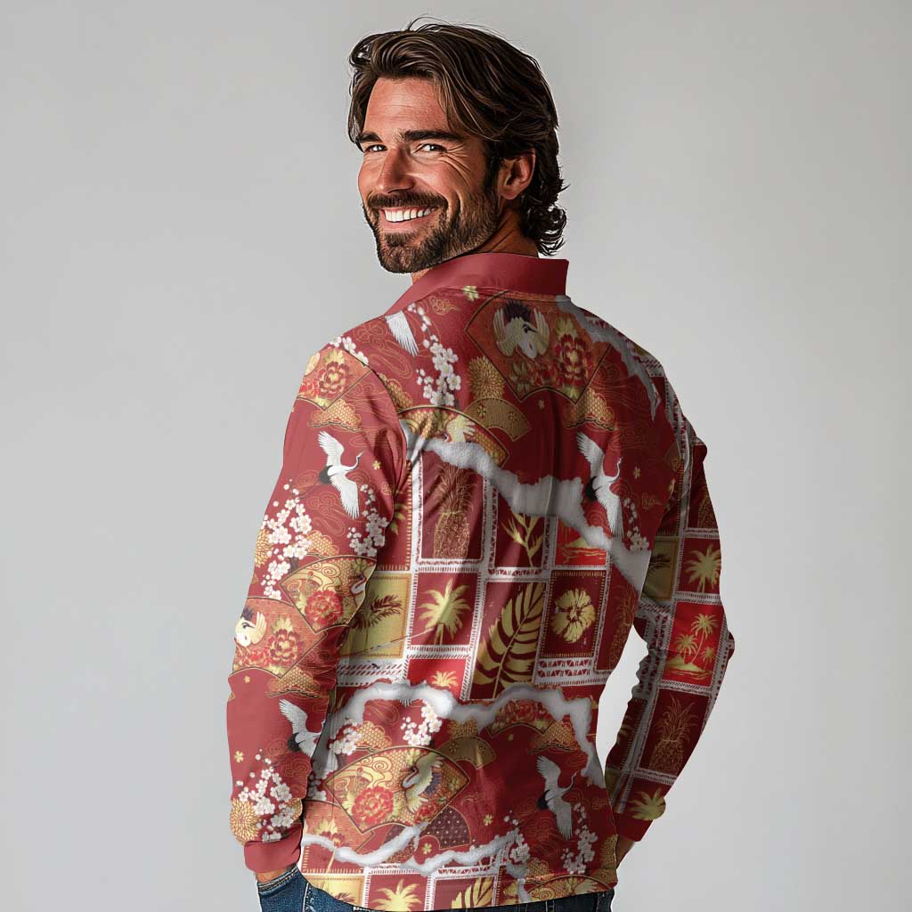 Hawaii Japanese Culture Red Long Sleeve Polo Shirt Spring Cranes Aloha Pattern LT01 - Polynesian Pride