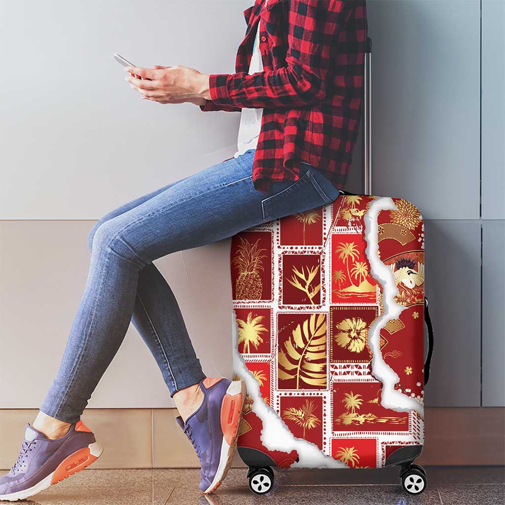 Hawaii Japanese Culture Red Luggage Cover Spring Cranes Aloha Pattern LT01 - Polynesian Pride