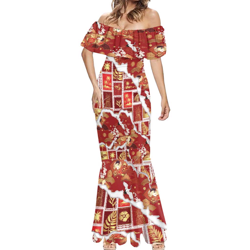 Hawaii Japanese Culture Red Mermaid Dress Spring Cranes Aloha Pattern LT01 - Polynesian Pride