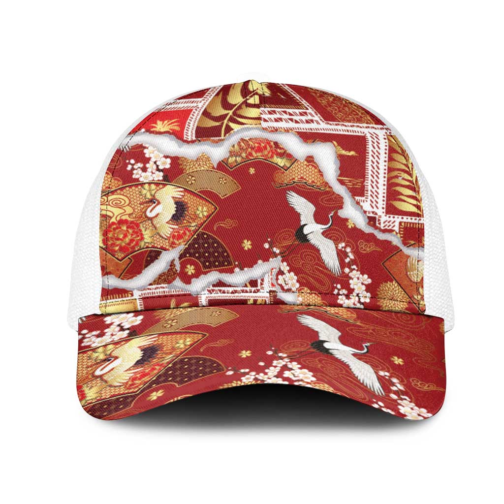 Hawaii Japanese Culture Red Mesh Trucker Cap Spring Cranes Aloha Pattern LT01 One Size White Red - Polynesian Pride