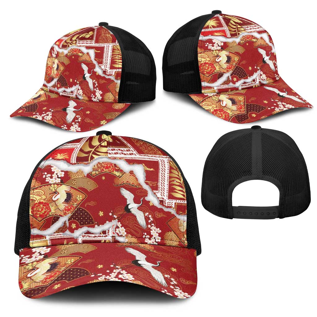 Hawaii Japanese Culture Red Mesh Trucker Cap Spring Cranes Aloha Pattern LT01 - Polynesian Pride