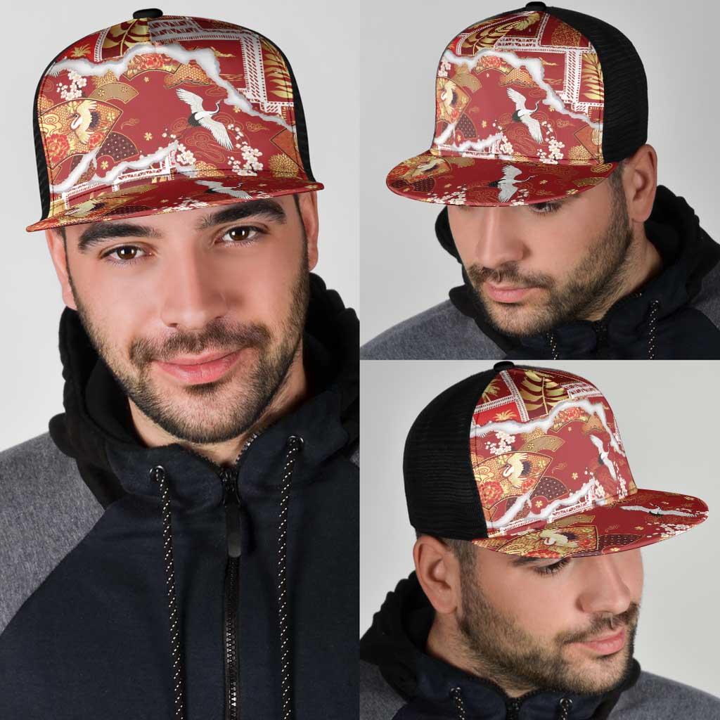 Hawaii Japanese Culture Red Mesh Trucker Cap Spring Cranes Aloha Pattern LT01 - Polynesian Pride