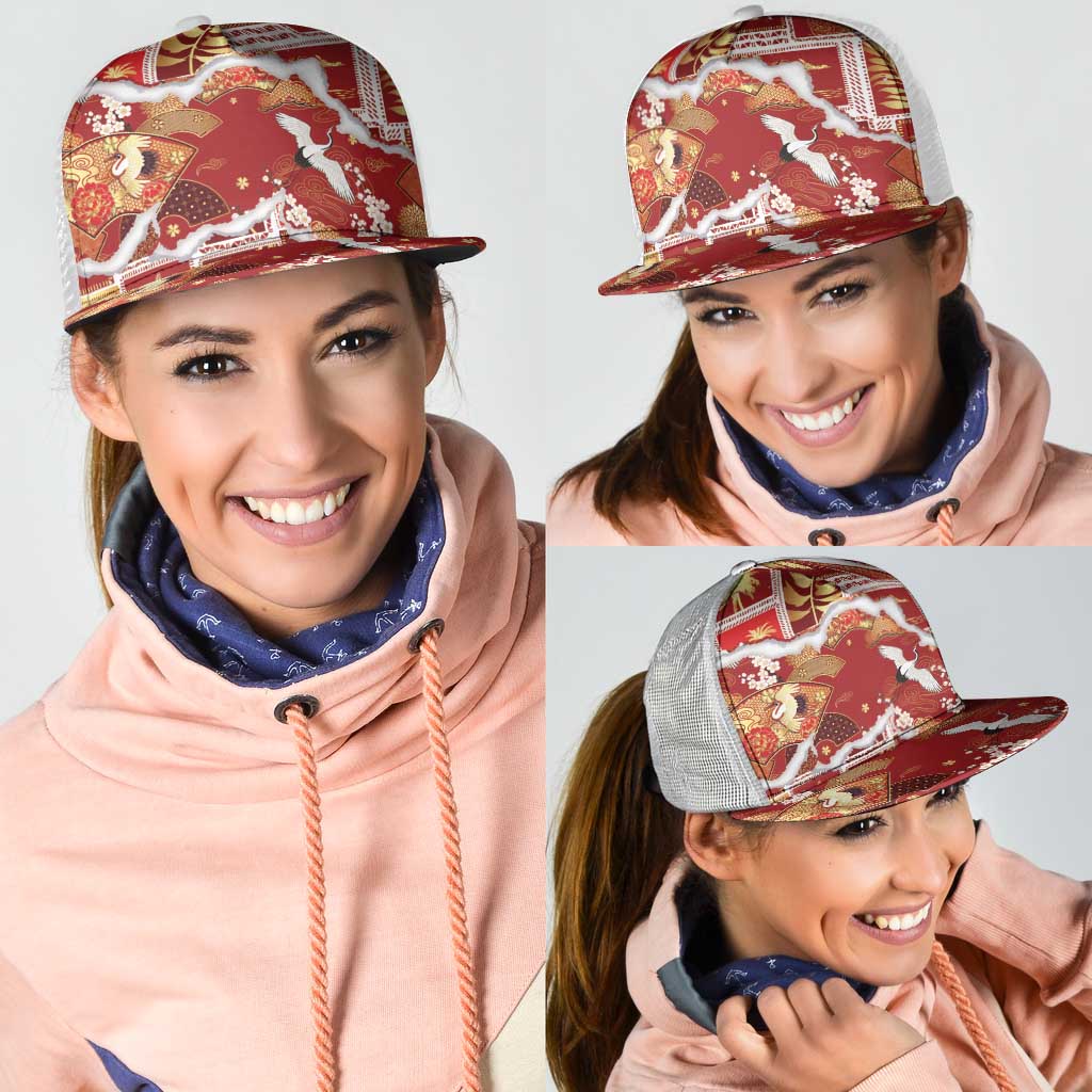 Hawaii Japanese Culture Red Mesh Trucker Cap Spring Cranes Aloha Pattern LT01 - Polynesian Pride