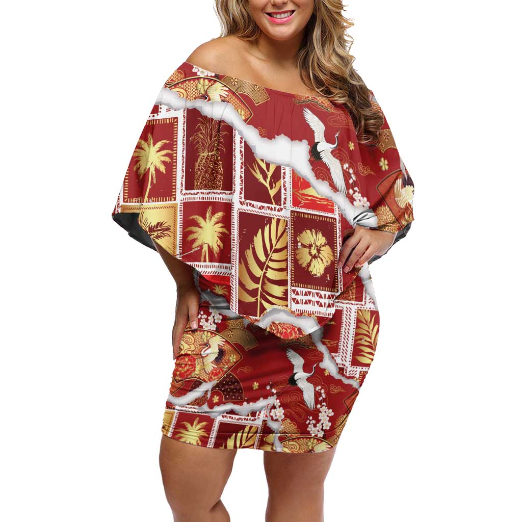 Hawaii Japanese Culture Red Off Shoulder Short Dress Spring Cranes Aloha Pattern