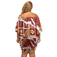 Hawaii Japanese Culture Red Off Shoulder Short Dress Spring Cranes Aloha Pattern LT01 - Polynesian Pride