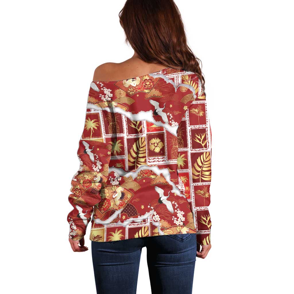 Hawaii Japanese Culture Red Off Shoulder Sweater Spring Cranes Aloha Pattern LT01 - Polynesian Pride