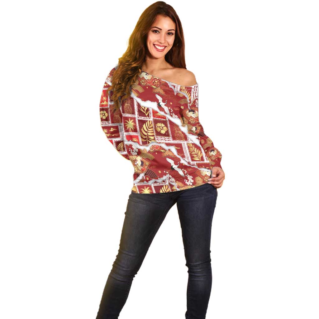 Hawaii Japanese Culture Red Off Shoulder Sweater Spring Cranes Aloha Pattern LT01 - Polynesian Pride