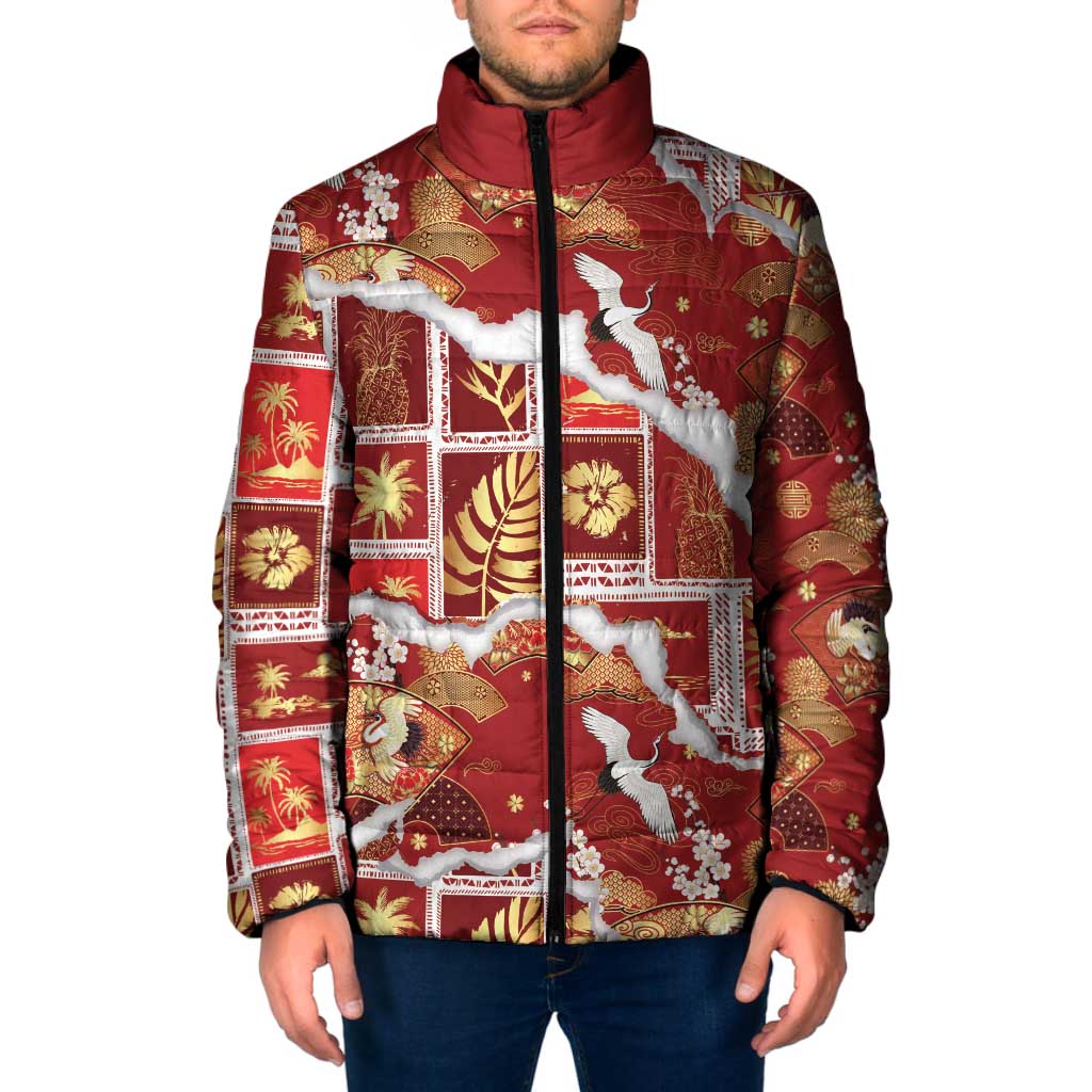 Hawaii Japanese Culture Red Padded Jacket Spring Cranes Aloha Pattern LT01 Men Red - Polynesian Pride