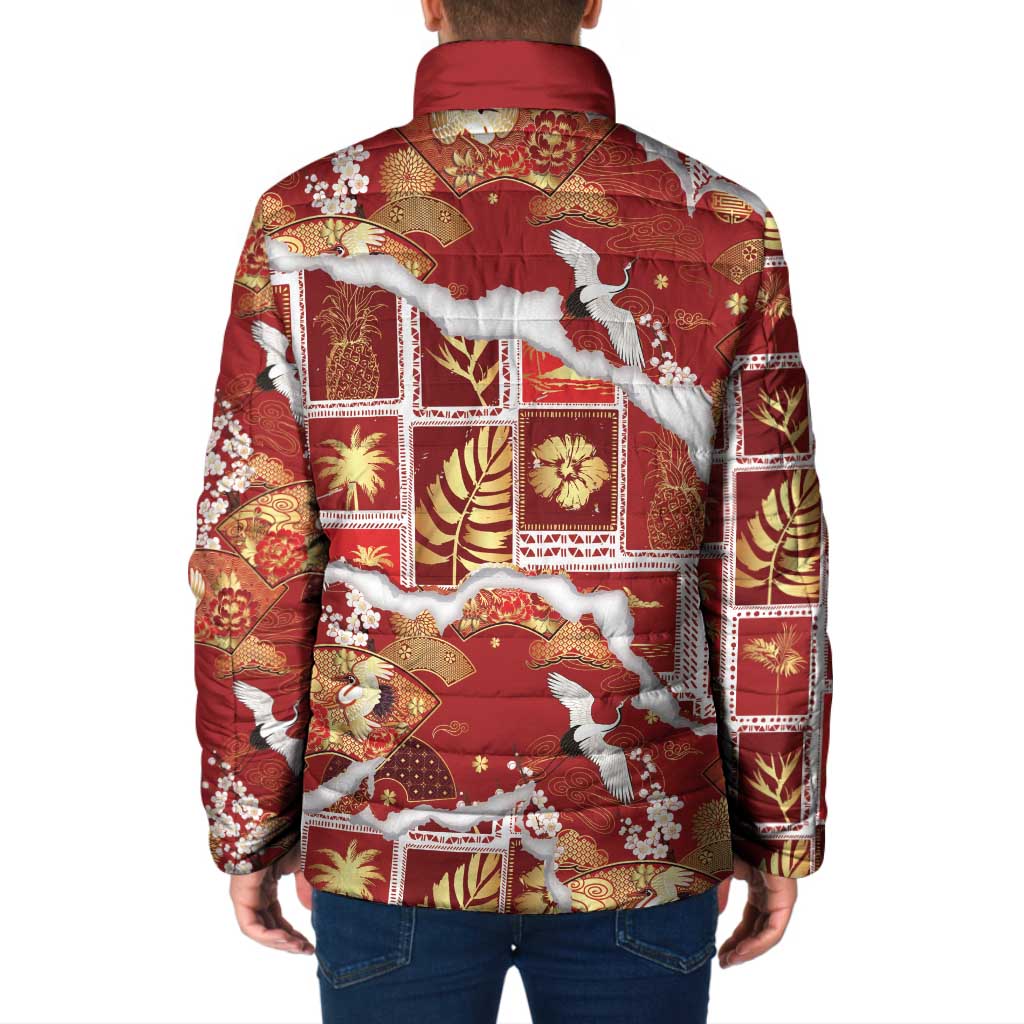 Hawaii Japanese Culture Red Padded Jacket Spring Cranes Aloha Pattern LT01 - Polynesian Pride