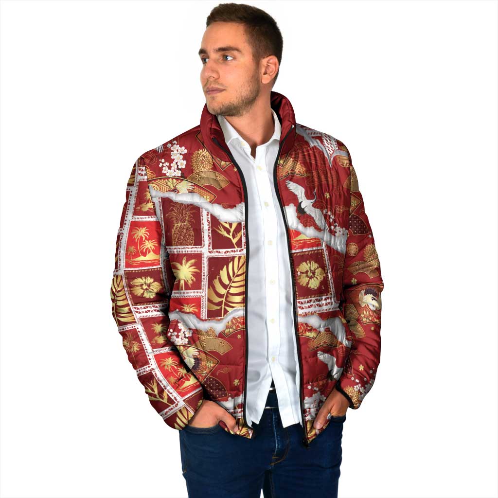 Hawaii Japanese Culture Red Padded Jacket Spring Cranes Aloha Pattern LT01 - Polynesian Pride
