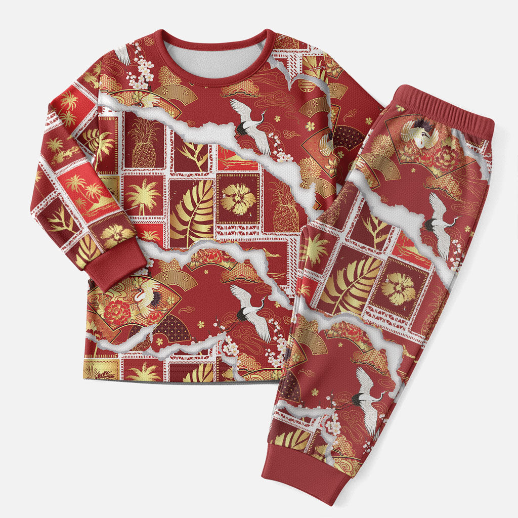 Hawaii Japanese Culture Red Christmas Pajama Set Spring Cranes Aloha Pattern