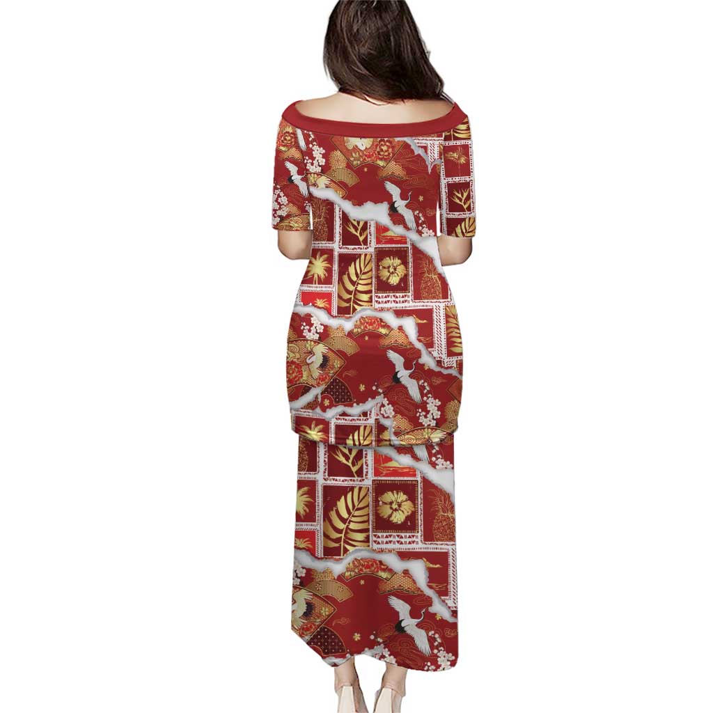 Hawaii Japanese Culture Red Puletasi Spring Cranes Aloha Pattern LT01 - Polynesian Pride