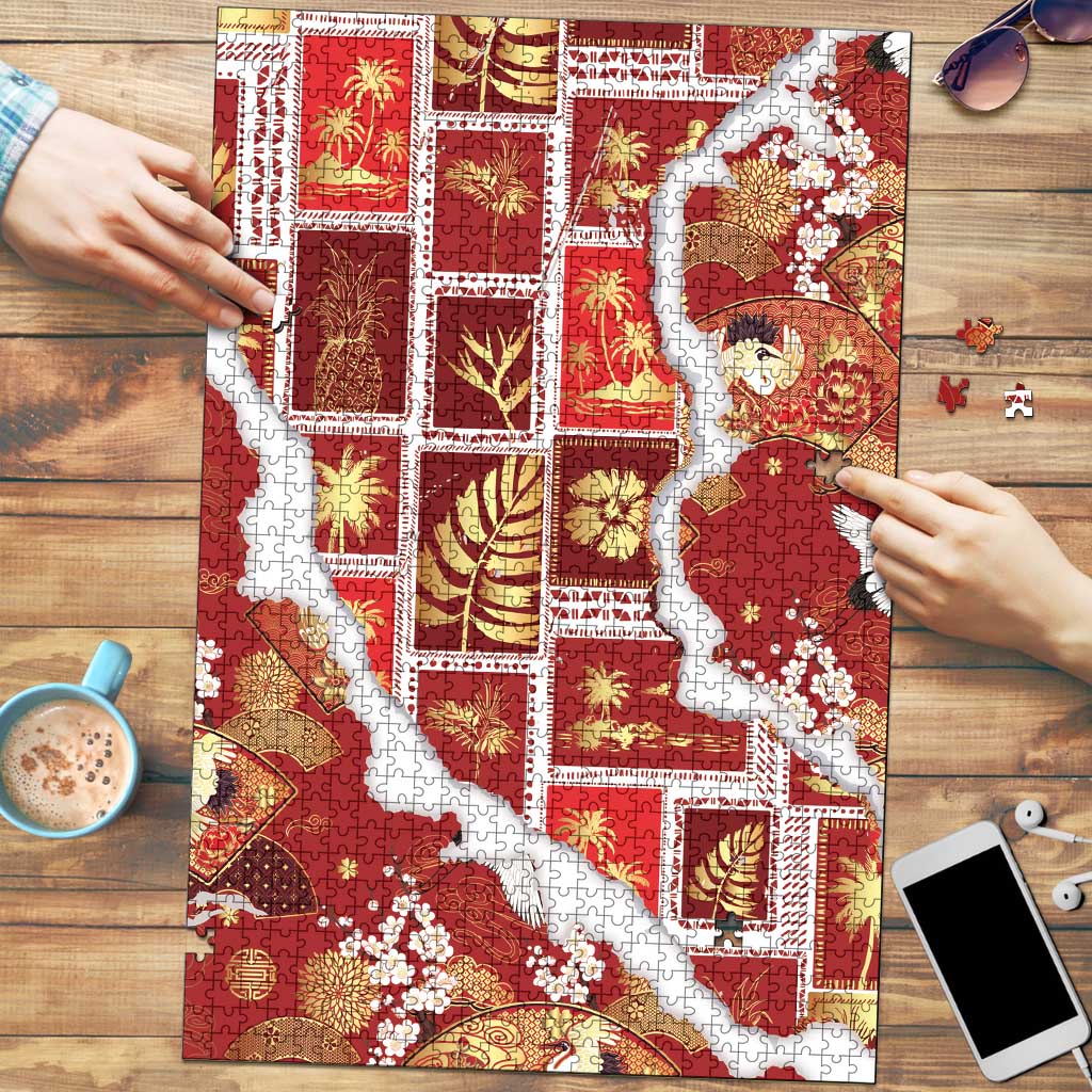 Hawaii Japanese Culture Red Puzzle Spring Cranes Aloha Pattern LT01 Red - Polynesian Pride