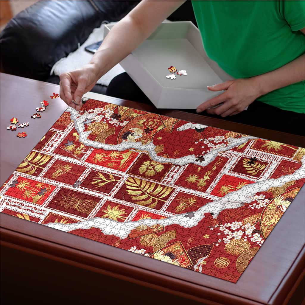 Hawaii Japanese Culture Red Puzzle Spring Cranes Aloha Pattern LT01 - Polynesian Pride