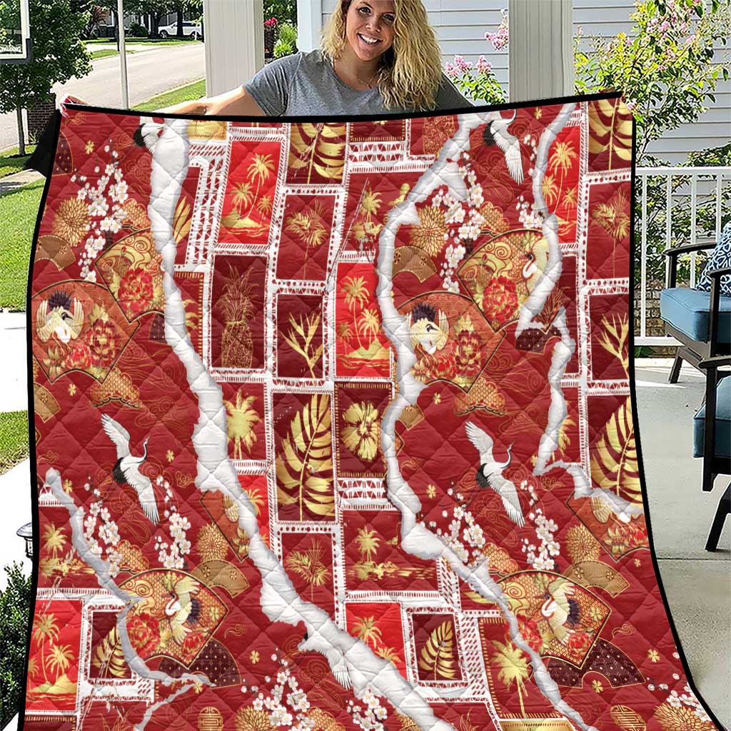 Hawaii Japanese Culture Red Quilt Spring Cranes Aloha Pattern