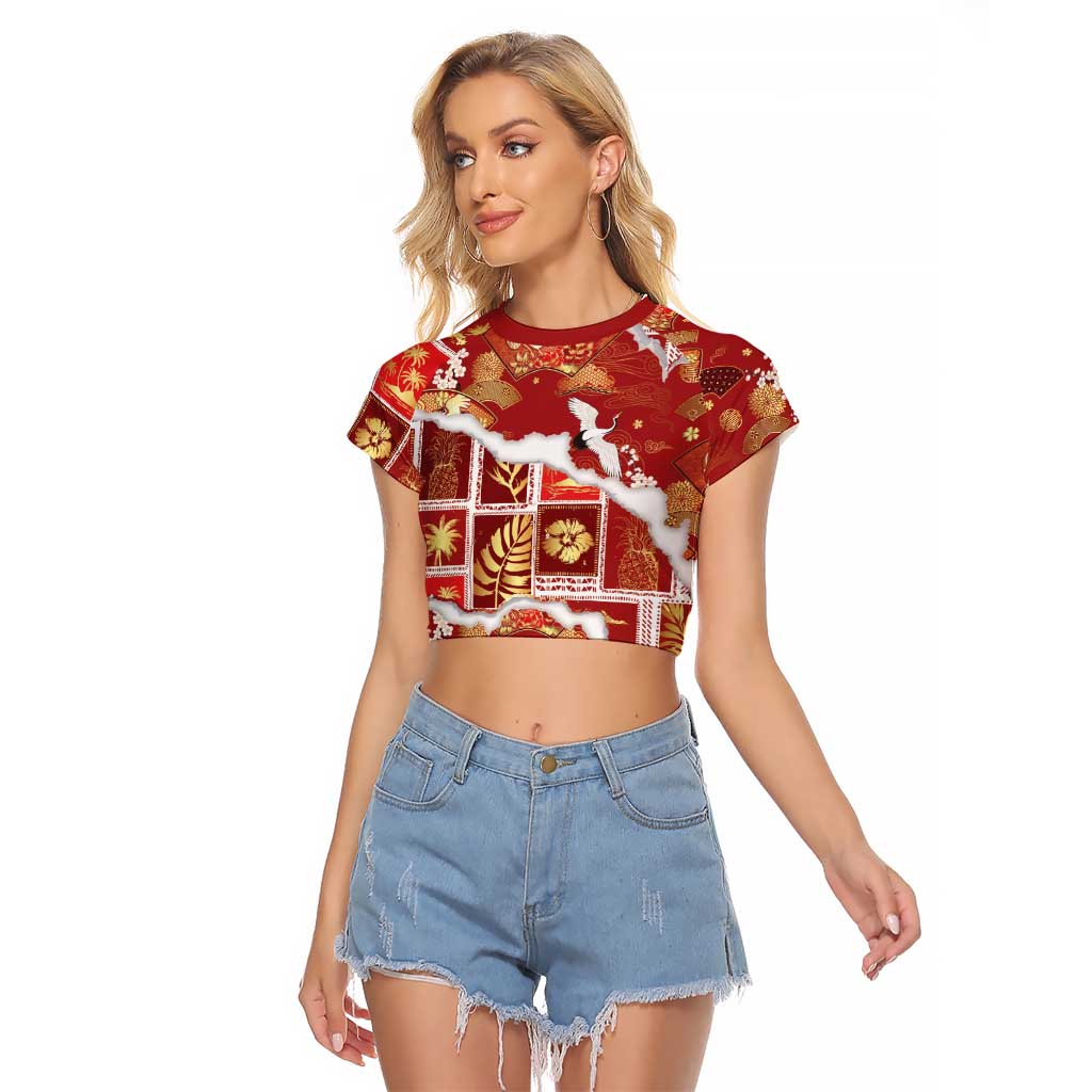 Hawaii Japanese Culture Red Raglan Cropped T Shirt Spring Cranes Aloha Pattern LT01 Female Red - Polynesian Pride