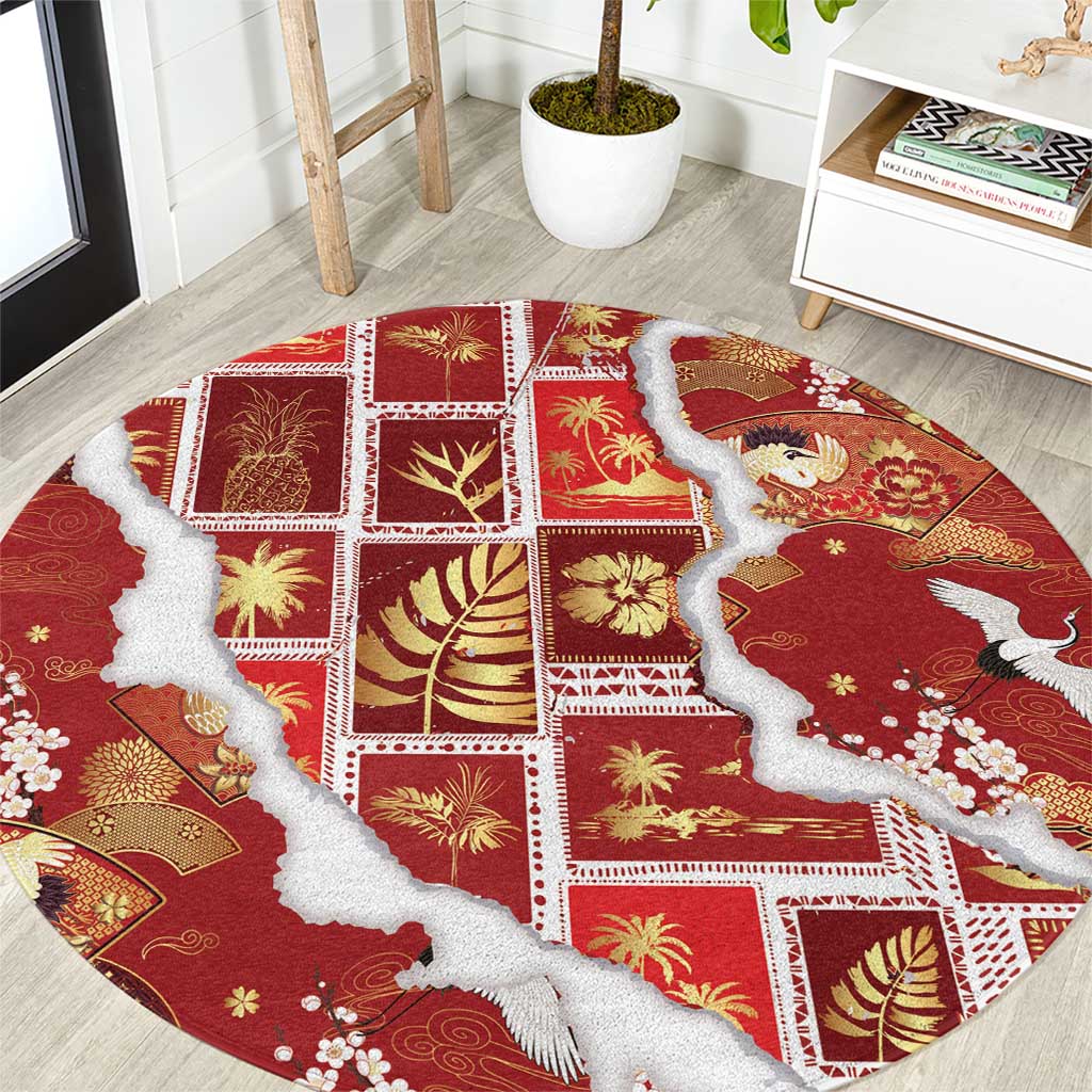 Hawaii Japanese Culture Red Round Carpet Spring Cranes Aloha Pattern LT01 Red - Polynesian Pride