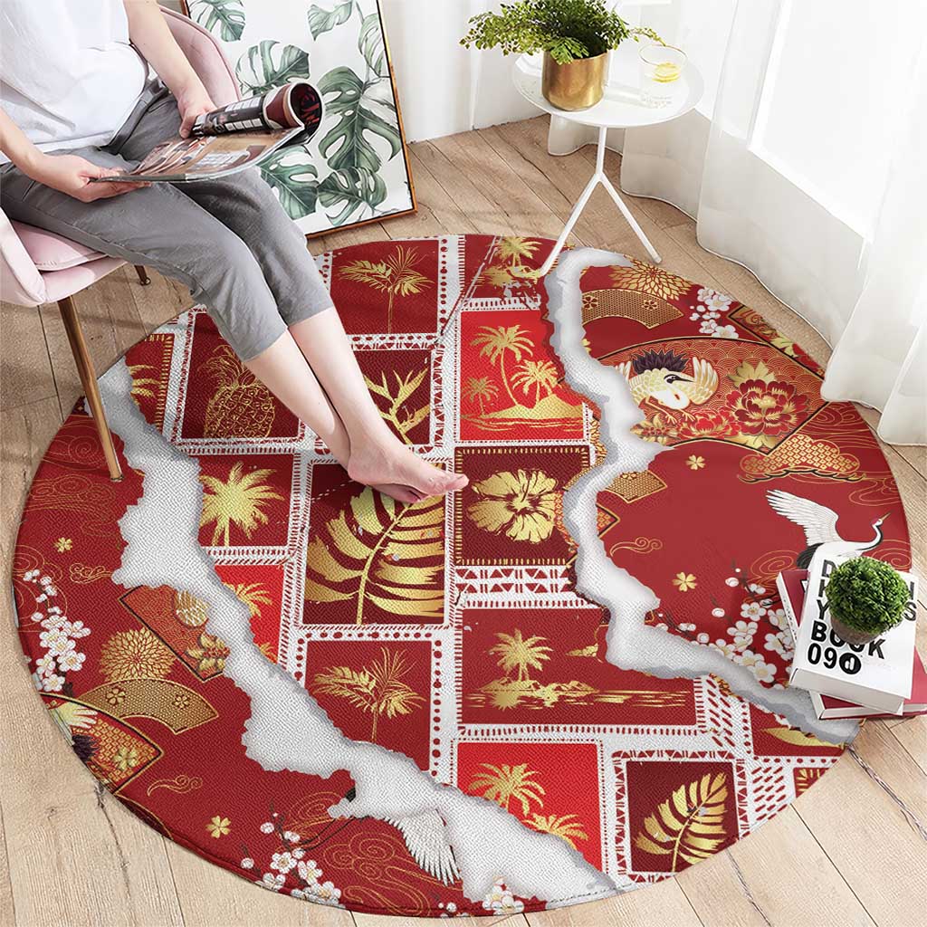 Hawaii Japanese Culture Red Round Carpet Spring Cranes Aloha Pattern LT01 - Polynesian Pride