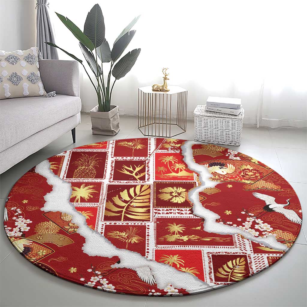 Hawaii Japanese Culture Red Round Carpet Spring Cranes Aloha Pattern LT01 - Polynesian Pride