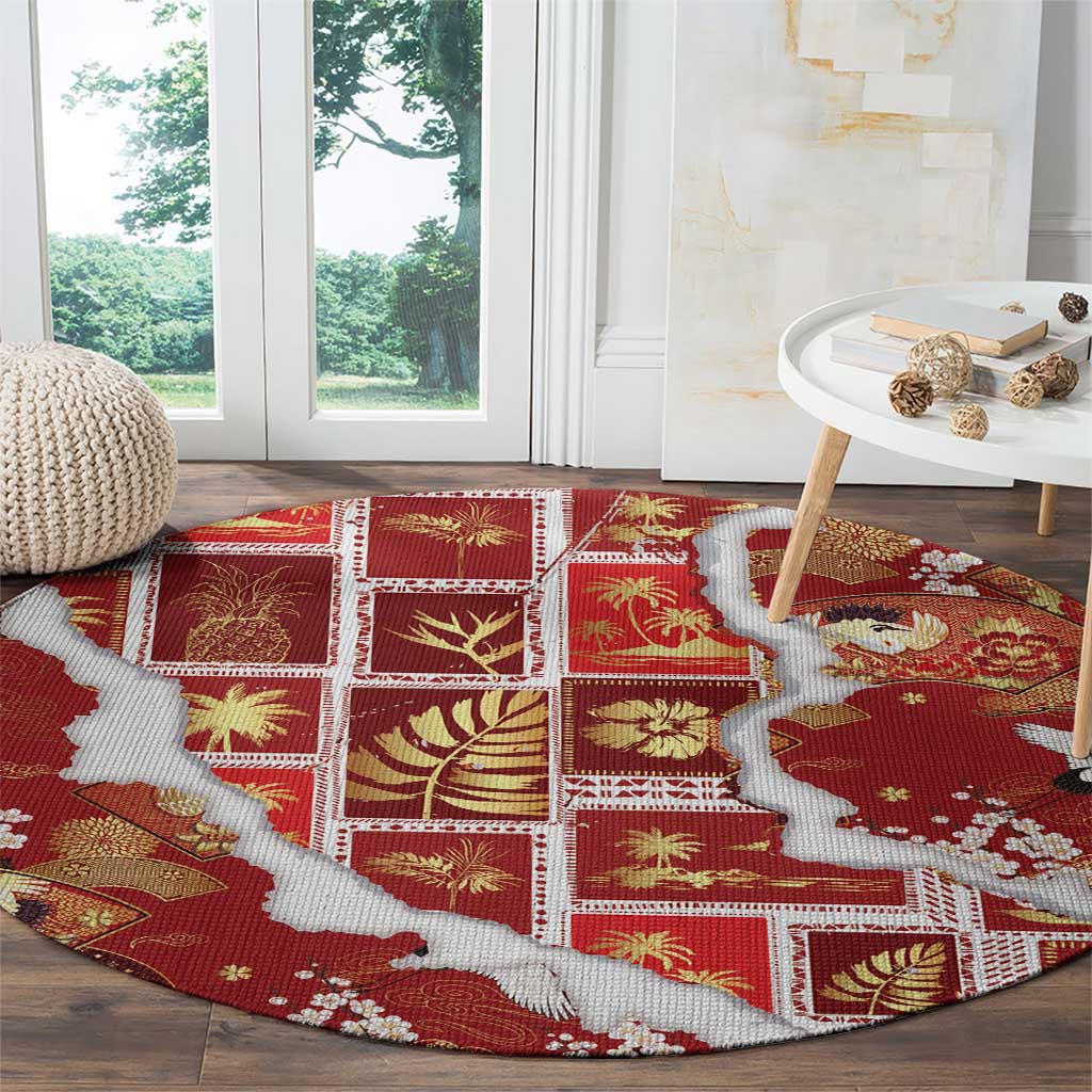 Hawaii Japanese Culture Red Round Carpet Spring Cranes Aloha Pattern LT01 - Polynesian Pride