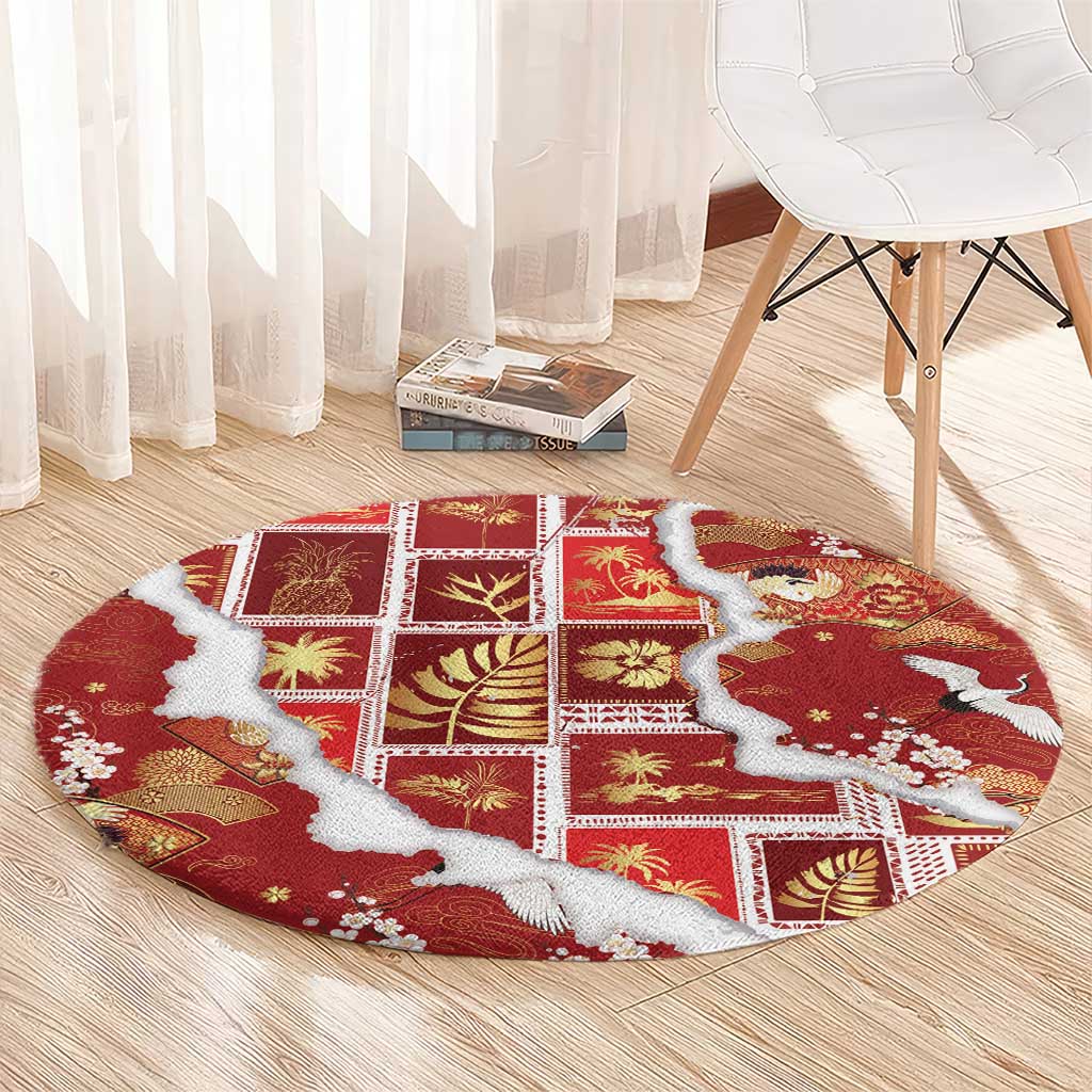 Hawaii Japanese Culture Red Round Carpet Spring Cranes Aloha Pattern LT01 - Polynesian Pride