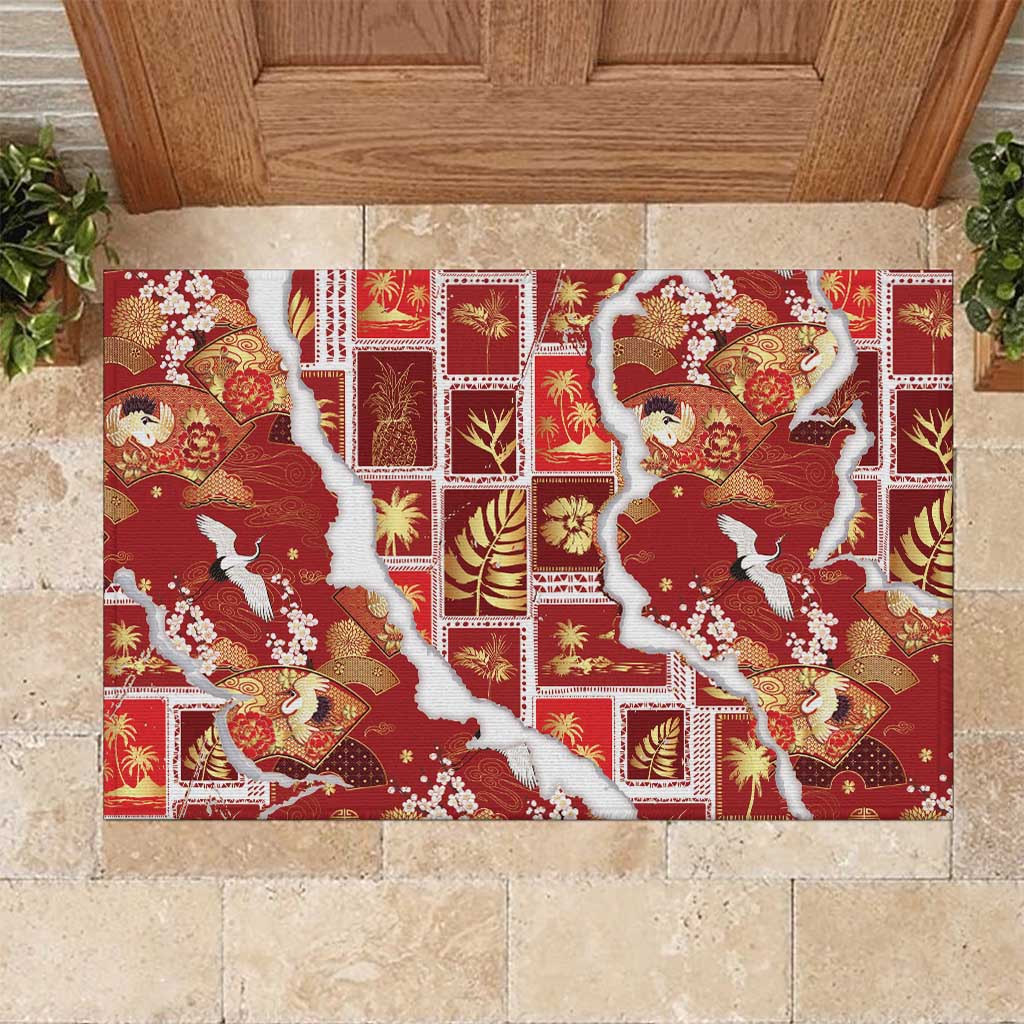 Hawaii Japanese Culture Red Rubber Doormat Spring Cranes Aloha Pattern LT01 Red - Polynesian Pride