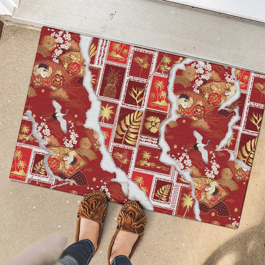 Hawaii Japanese Culture Red Rubber Doormat Spring Cranes Aloha Pattern LT01 - Polynesian Pride