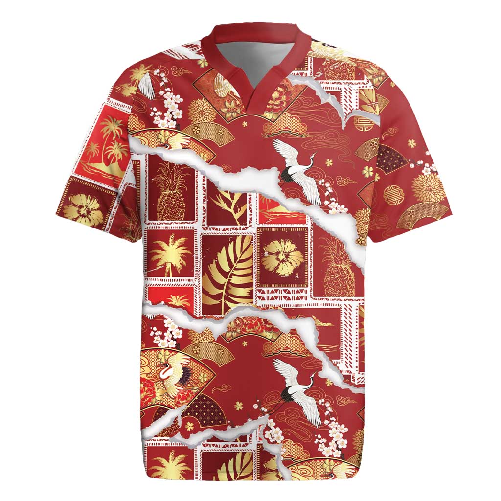 Hawaii Japanese Culture Red Rugby Jersey Spring Cranes Aloha Pattern LT01 Red - Polynesian Pride