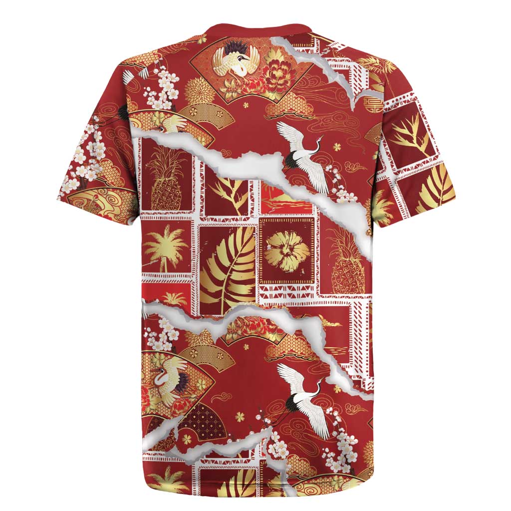 Hawaii Japanese Culture Red Rugby Jersey Spring Cranes Aloha Pattern LT01 - Polynesian Pride
