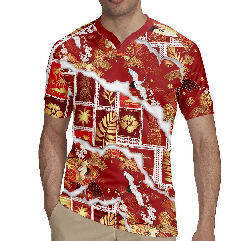 Hawaii Japanese Culture Red Rugby Jersey Spring Cranes Aloha Pattern LT01 - Polynesian Pride