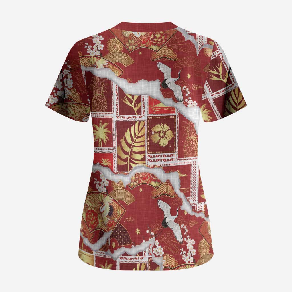 Hawaii Japanese Culture Red Scrub Top Spring Cranes Aloha Pattern LT01 - Polynesian Pride