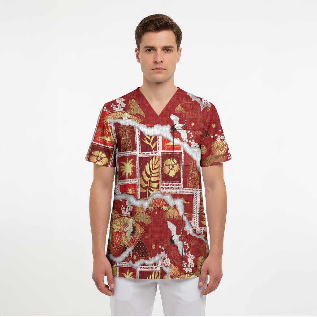 Hawaii Japanese Culture Red Scrub Top Spring Cranes Aloha Pattern LT01 - Polynesian Pride
