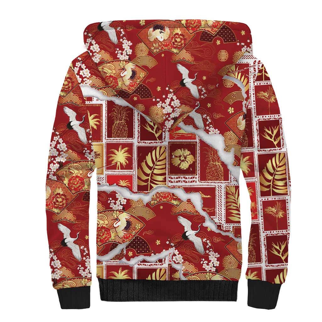 Hawaii Japanese Culture Red Sherpa Hoodie Spring Cranes Aloha Pattern LT01 - Polynesian Pride