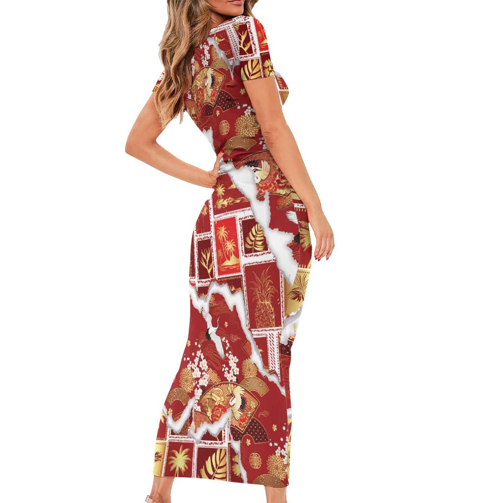Hawaii Japanese Culture Red Short Sleeve Bodycon Dress Spring Cranes Aloha Pattern LT01 - Polynesian Pride