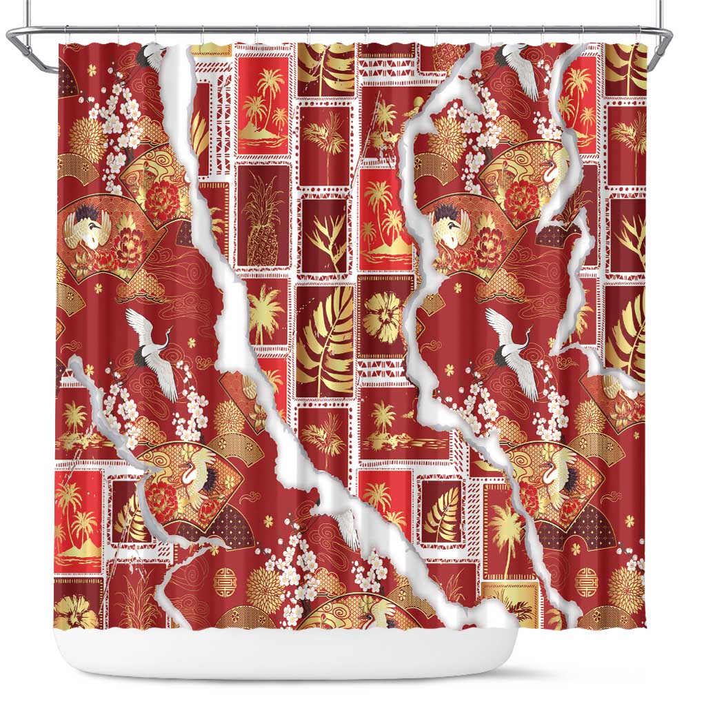 Hawaii Japanese Culture Red Shower Curtain Spring Cranes Aloha Pattern LT01 Red - Polynesian Pride