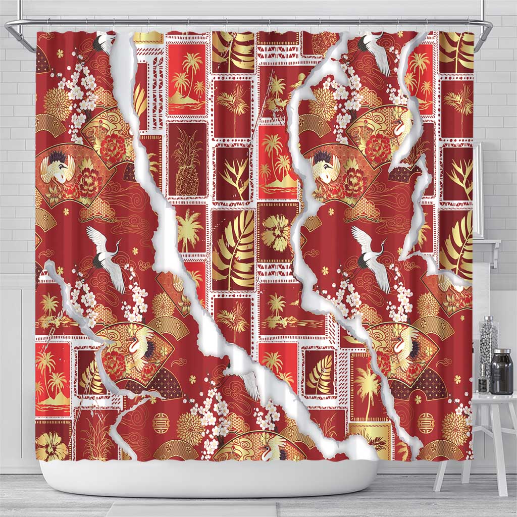 Hawaii Japanese Culture Red Shower Curtain Spring Cranes Aloha Pattern LT01 - Polynesian Pride