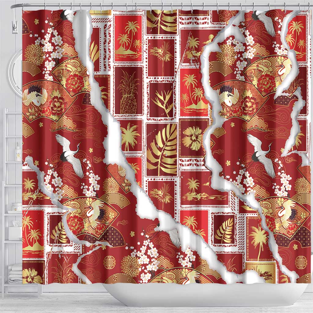 Hawaii Japanese Culture Red Shower Curtain Spring Cranes Aloha Pattern LT01 - Polynesian Pride