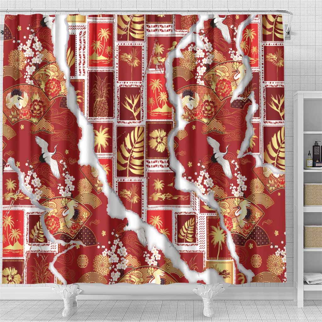 Hawaii Japanese Culture Red Shower Curtain Spring Cranes Aloha Pattern LT01 - Polynesian Pride