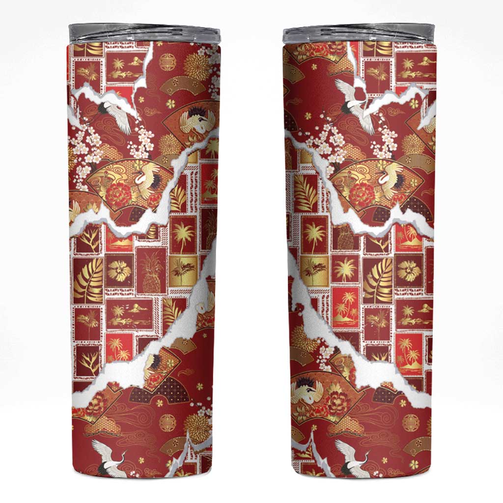 Hawaii Japanese Culture Red Skinny Tumbler Spring Cranes Aloha Pattern LT01 Red - Polynesian Pride