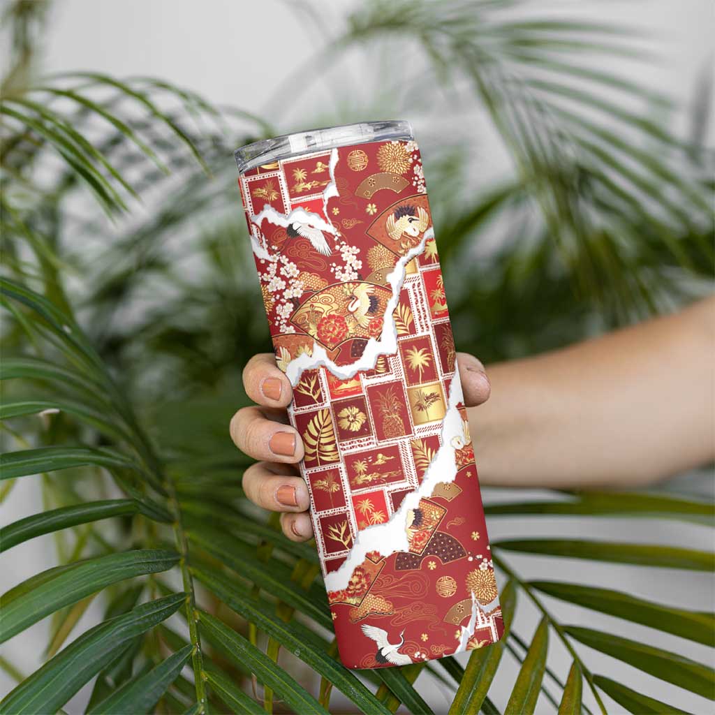 Hawaii Japanese Culture Red Skinny Tumbler Spring Cranes Aloha Pattern LT01 - Polynesian Pride
