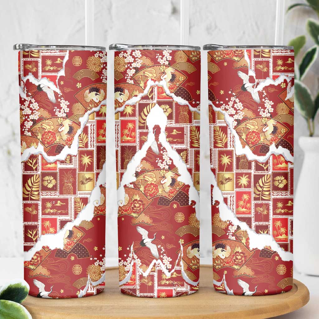 Hawaii Japanese Culture Red Skinny Tumbler Spring Cranes Aloha Pattern LT01 - Polynesian Pride