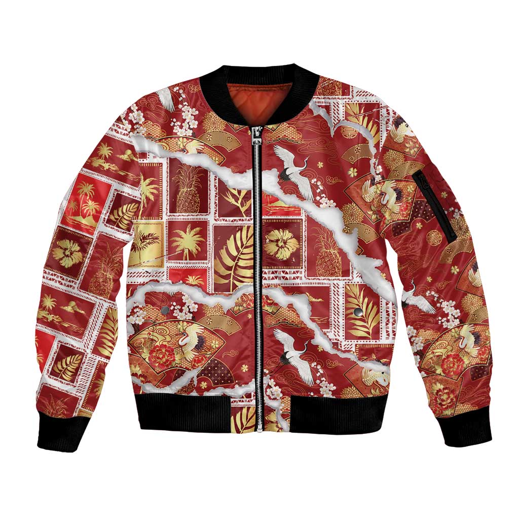 Hawaii Japanese Culture Red Sleeve Zip Bomber Jacket Spring Cranes Aloha Pattern LT01 Unisex Red - Polynesian Pride