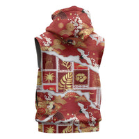 Hawaii Japanese Culture Red Sleeveless Hoodie Spring Cranes Aloha Pattern