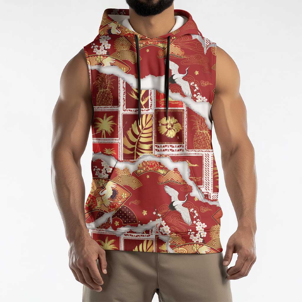 Hawaii Japanese Culture Red Sleeveless Hoodie Spring Cranes Aloha Pattern