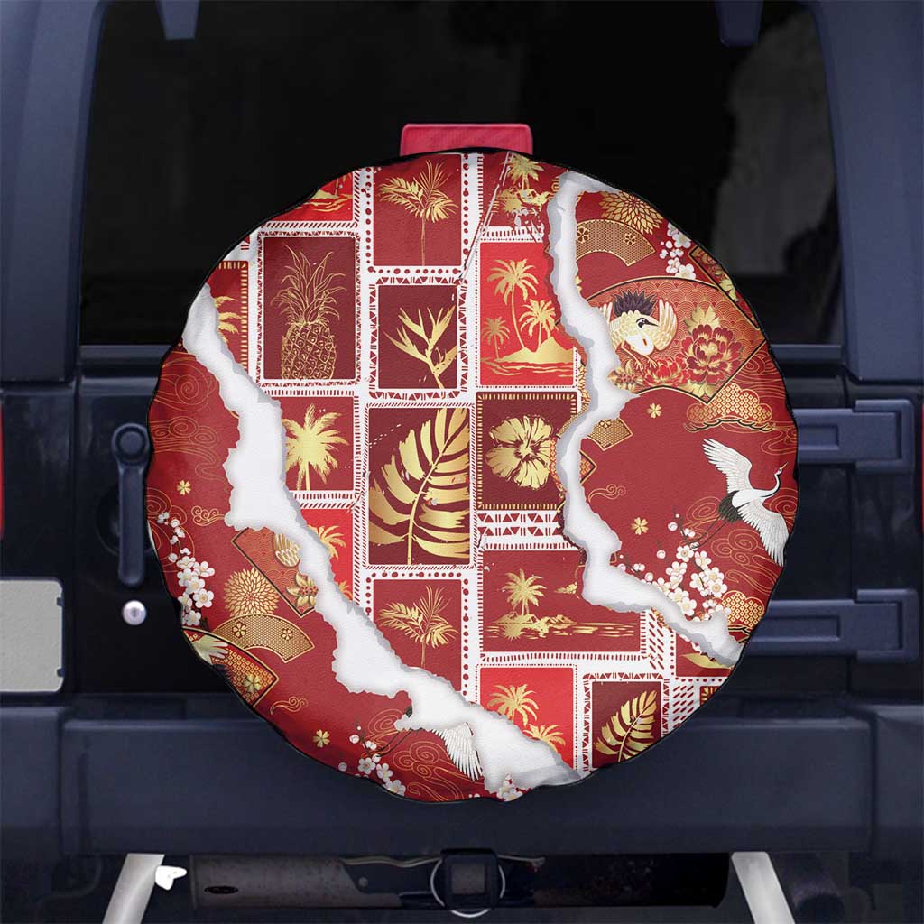 Hawaii Japanese Culture Red Spare Tire Cover Spring Cranes Aloha Pattern LT01 No hole Red - Polynesian Pride