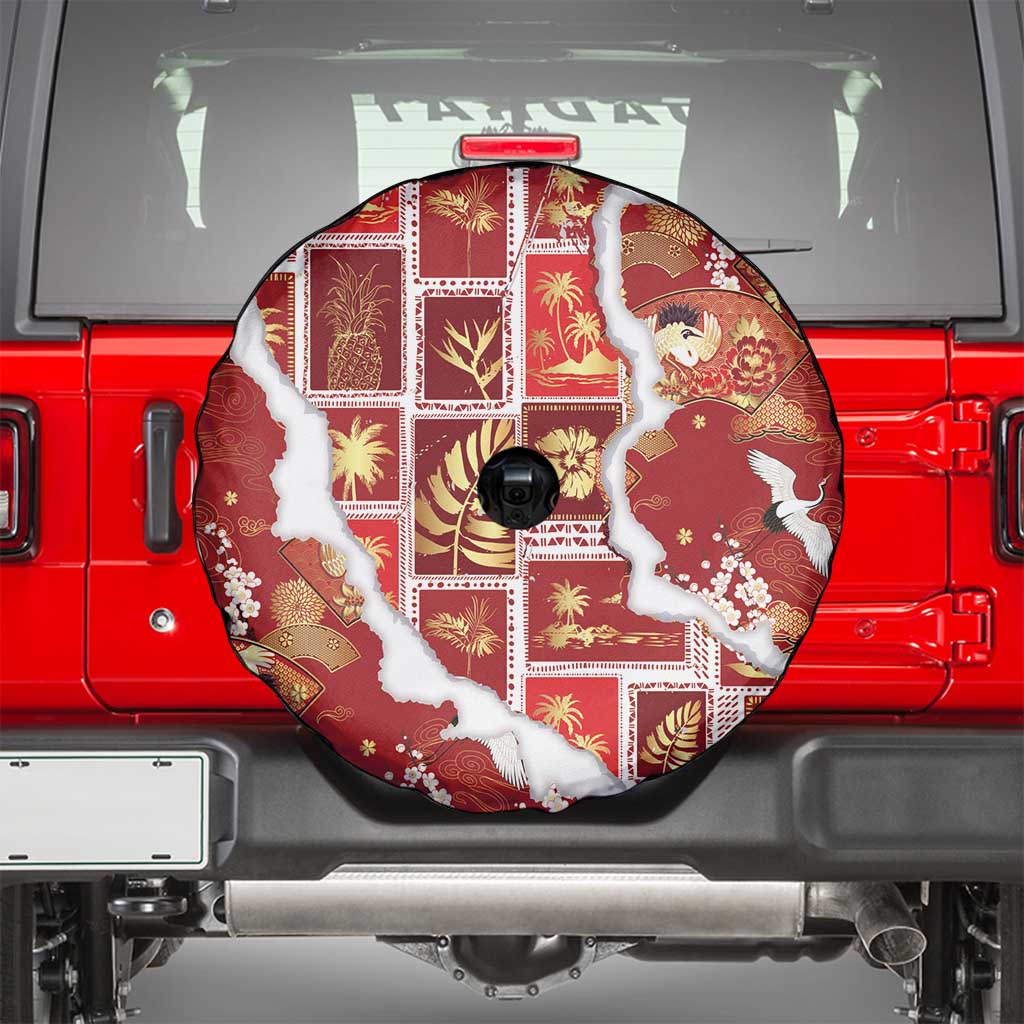 Hawaii Japanese Culture Red Spare Tire Cover Spring Cranes Aloha Pattern LT01 - Polynesian Pride