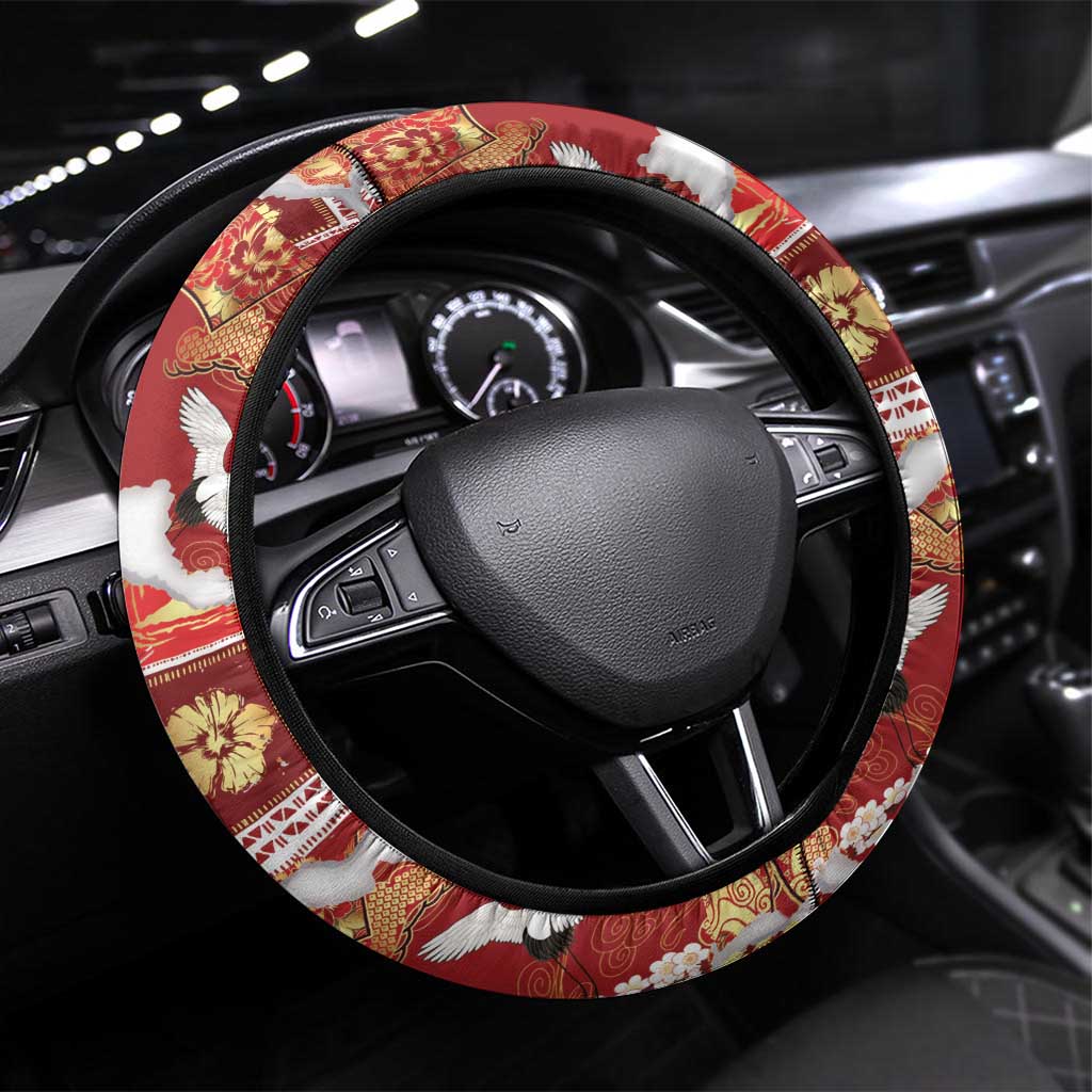 Hawaii Japanese Culture Red Steering Wheel Cover Spring Cranes Aloha Pattern LT01 Universal Fit Red - Polynesian Pride